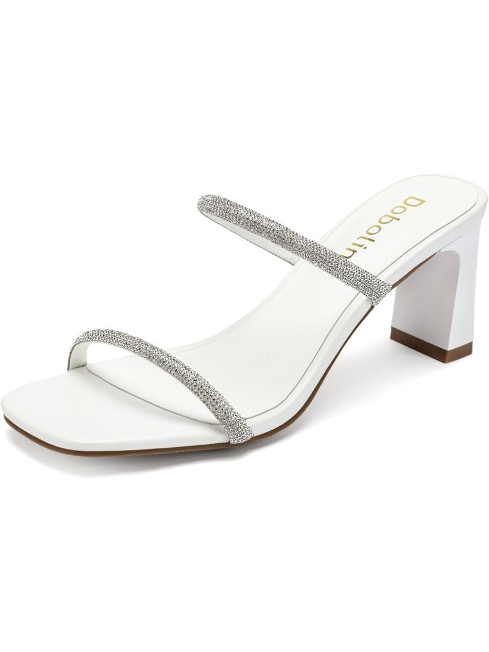 Women's White Rhinestone Square Toe Strap Slip On Block Heel Sandals